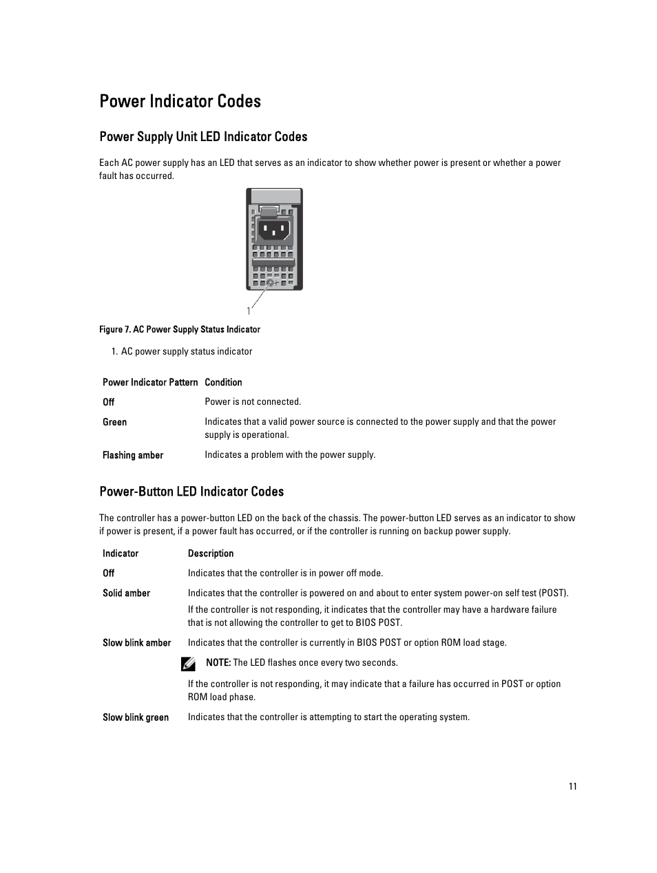 Power indicator codes, Power supply unit led indicator codes, Power-button led indicator codes | Dell PowerVault NX3600 User Manual | Page 11 / 47