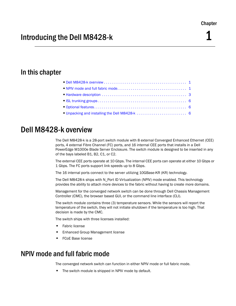 Introducing the dell m8428-k, In this chapter, Dell m8428-k overview | Npiv mode and full fabric mode, Chapter 1, Chapter 1, “introducing the dell m8428-k | Dell POWEREDGE M1000E User Manual | Page 13 / 54