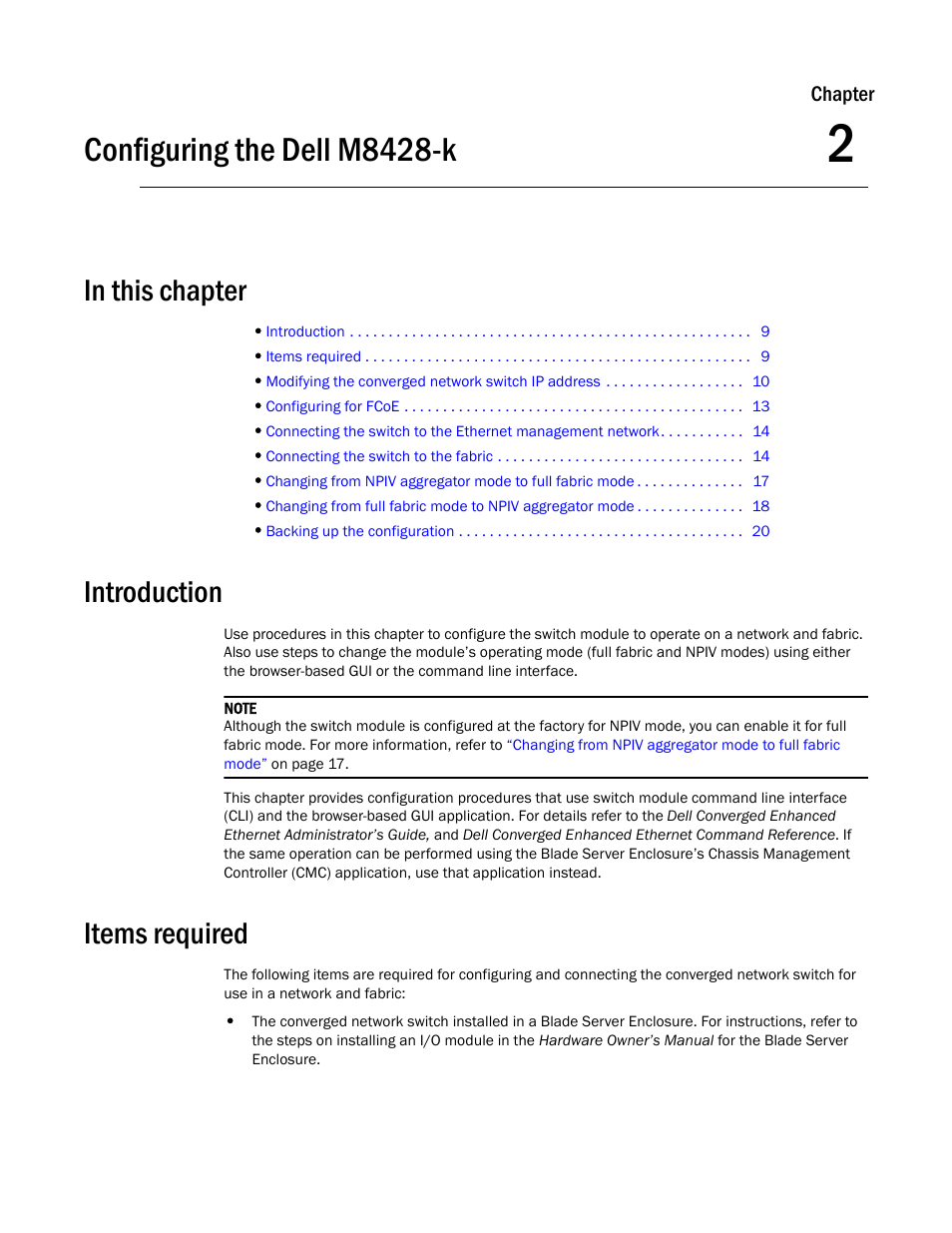 Configuring the dell m8428-k, In this chapter, Introduction | Items required, Chapter 2, Chapter 2, “configuring the dell m8428-k | Dell POWEREDGE M1000E User Manual | Page 21 / 54