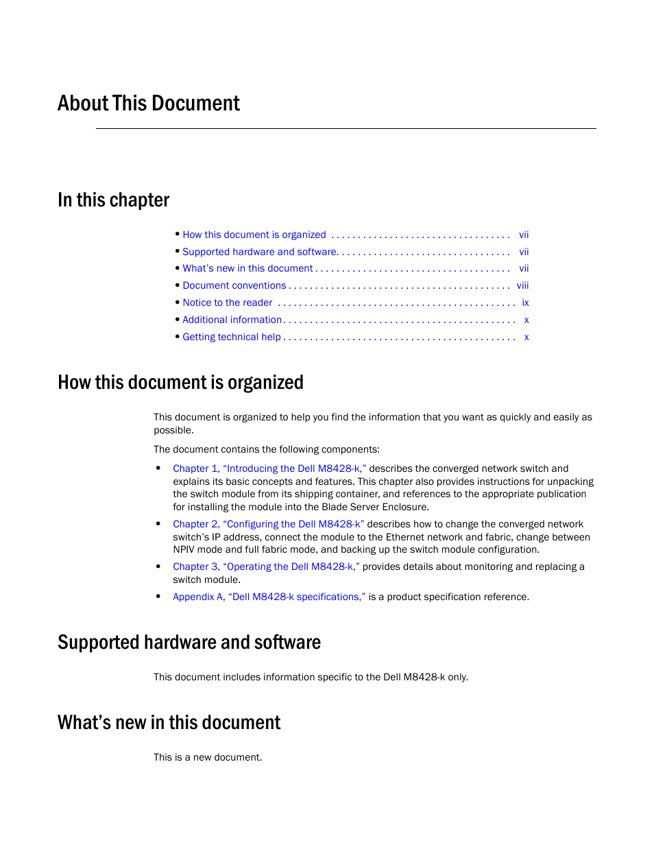 About this document, In this chapter, How this document is organized | Supported hardware and software, What’s new in this document | Dell POWEREDGE M1000E User Manual | Page 7 / 54