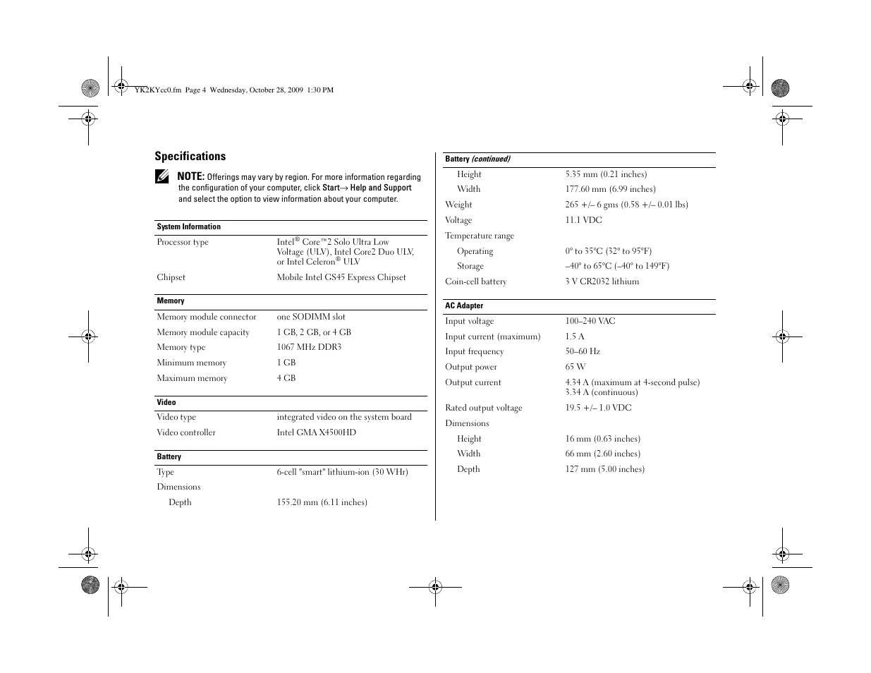 Specifications | Dell Vostro V13 (Late 2009) User Manual | Page 4 / 6