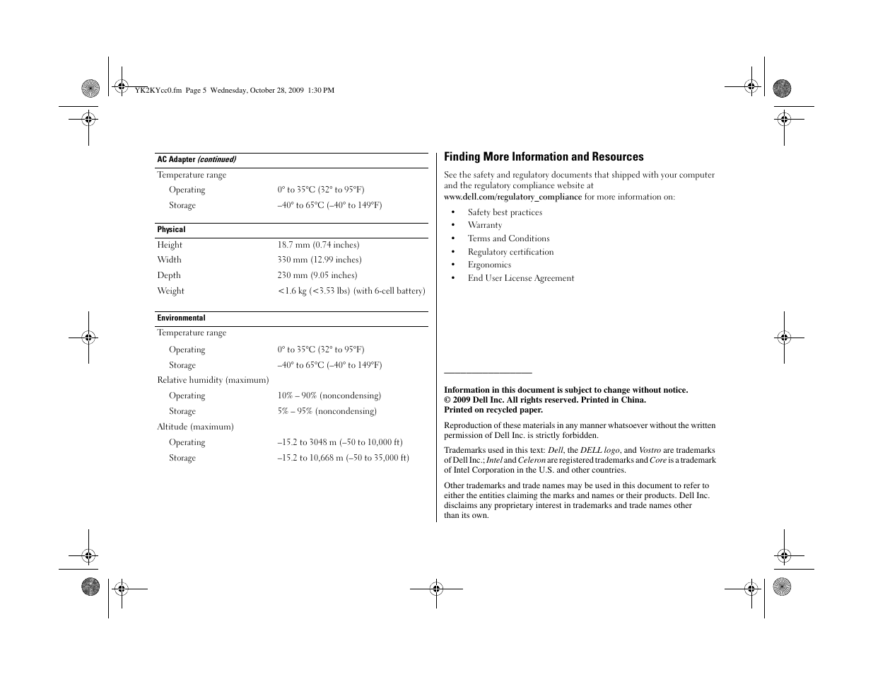 Finding more information and resources | Dell Vostro V13 (Late 2009) User Manual | Page 5 / 6