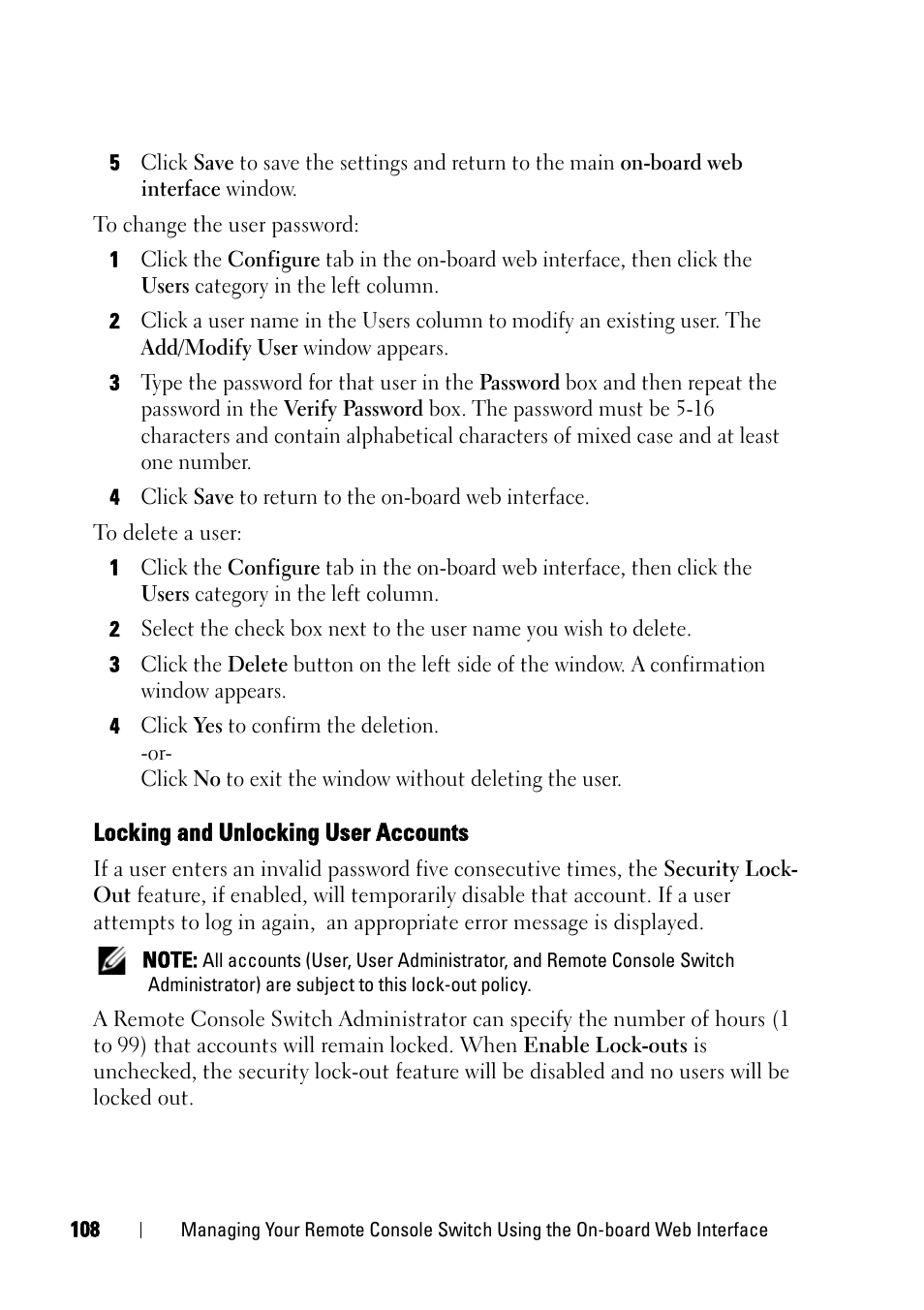 Locking and unlocking user accounts | Dell KVM 4161DS User Manual | Page 124 / 244