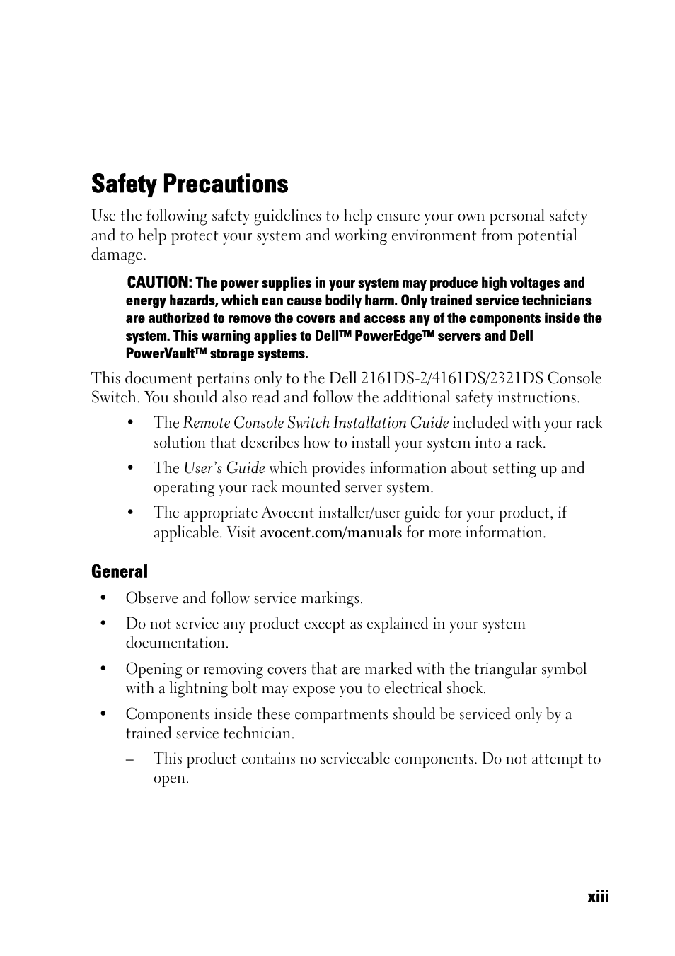 Safety precautions, General | Dell KVM 4161DS User Manual | Page 13 / 244