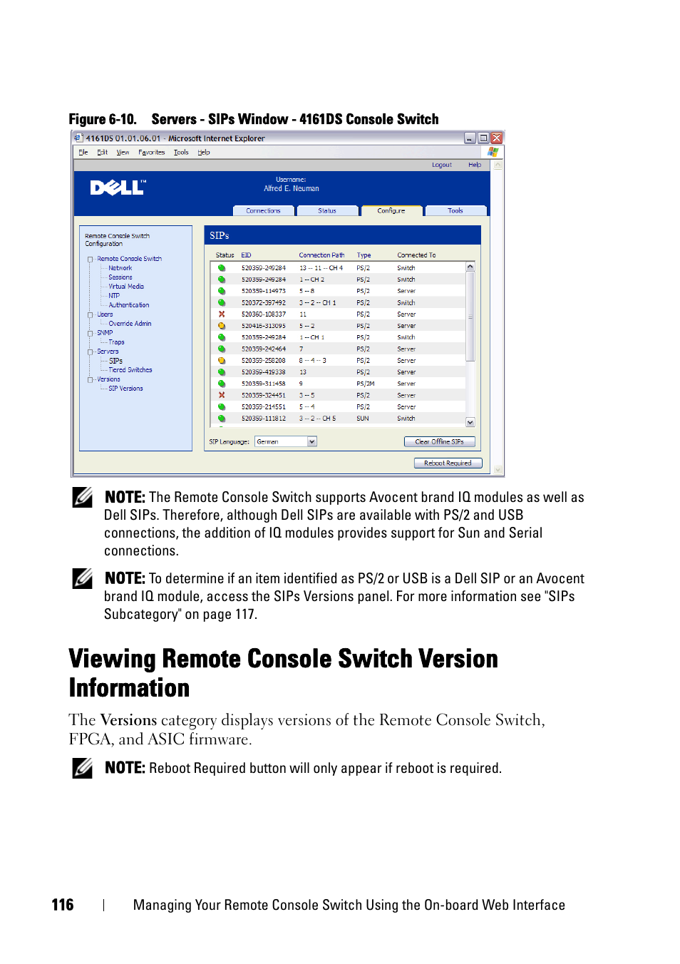 Viewing remote console switch version information | Dell KVM 4161DS User Manual | Page 132 / 244