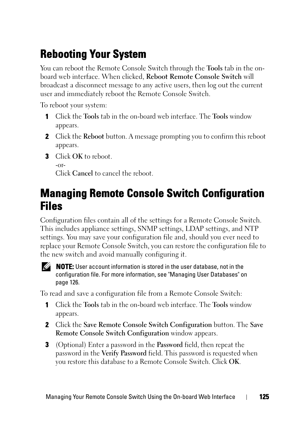 Rebooting your system, Managing remote console switch configuration files | Dell KVM 4161DS User Manual | Page 141 / 244