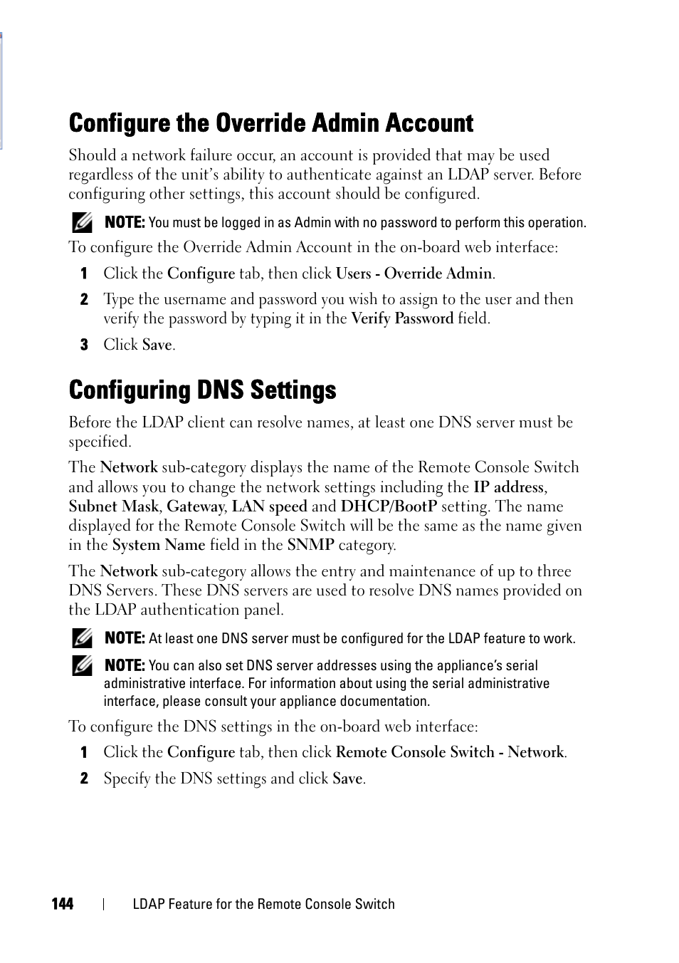 Configure the override admin account, Configuring dns settings | Dell KVM 4161DS User Manual | Page 160 / 244