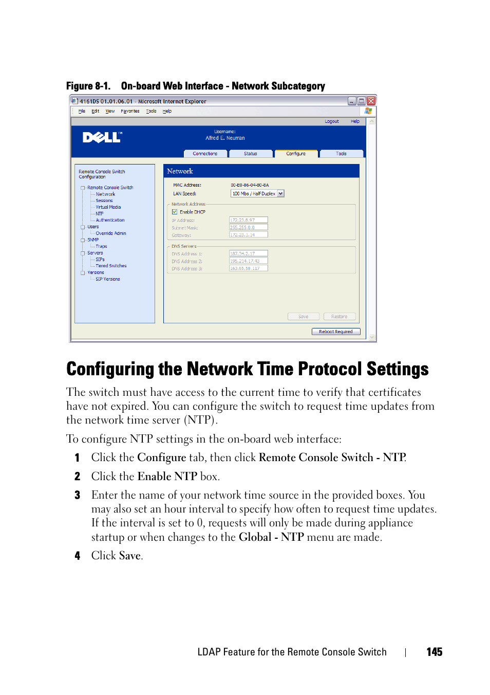 Configuring the network time protocol settings | Dell KVM 4161DS User Manual | Page 161 / 244