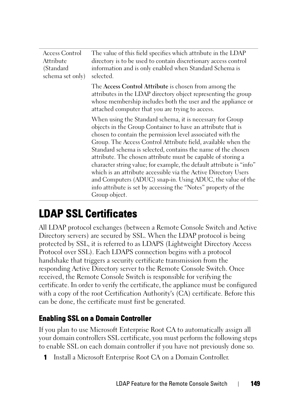 Ldap ssl certificates, Enabling ssl on a domain controller | Dell KVM 4161DS User Manual | Page 165 / 244