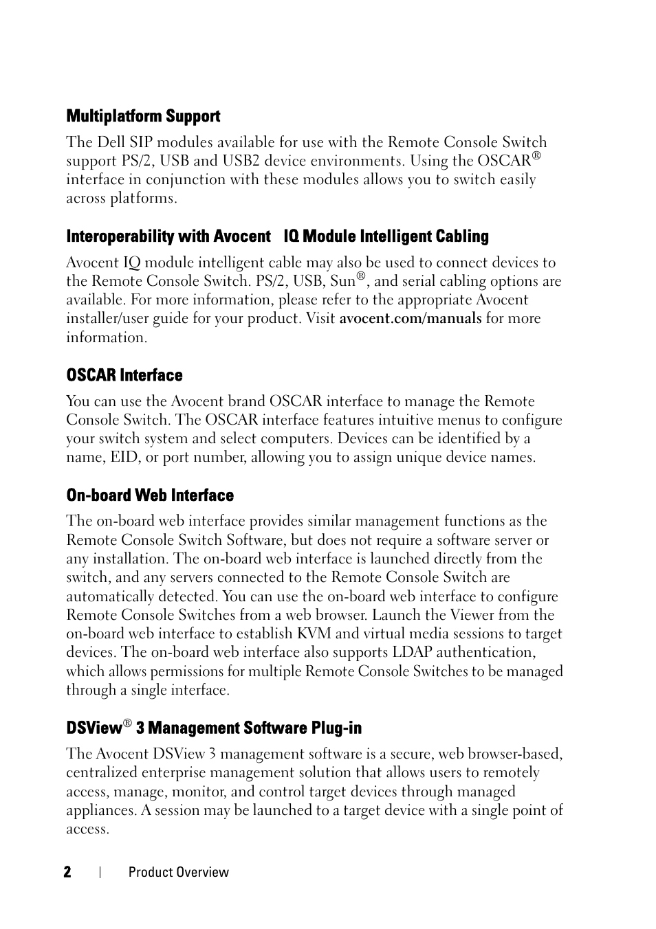 Multiplatform support, Oscar interface, On-board web interface | Dsview® 3 management software plug-in | Dell KVM 4161DS User Manual | Page 18 / 244