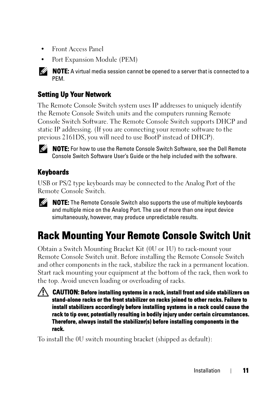 Setting up your network, Keyboards, Rack mounting your remote console switch unit | Dell KVM 4161DS User Manual | Page 27 / 244