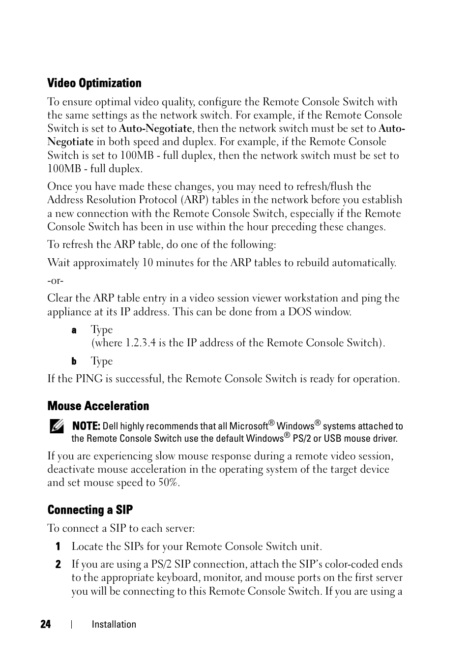 Video optimization, Mouse acceleration, Connecting a sip | Dell KVM 4161DS User Manual | Page 40 / 244