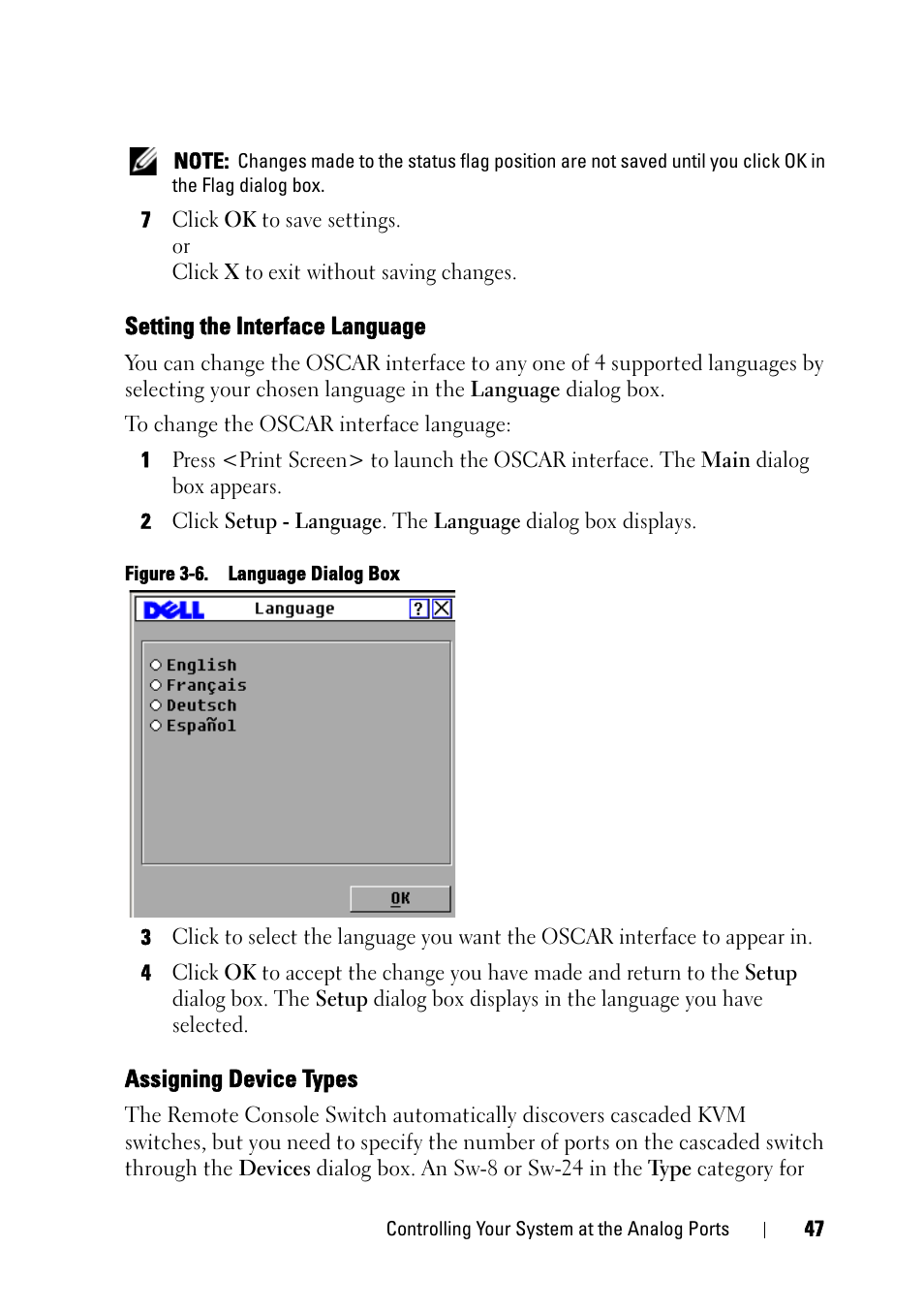 Setting the interface language, Assigning device types | Dell KVM 4161DS User Manual | Page 63 / 244