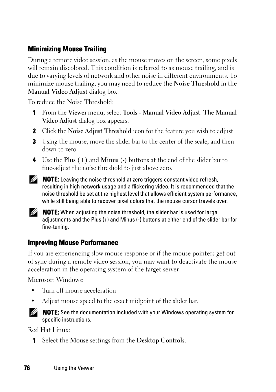 Minimizing mouse trailing, Improving mouse performance | Dell KVM 4161DS User Manual | Page 92 / 244