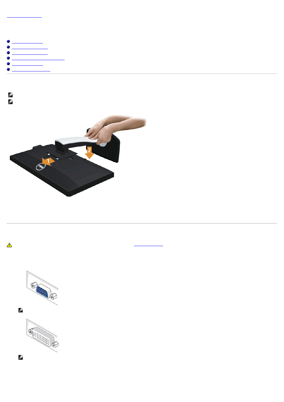 Setting up the monitor, Attaching the stand, Connecting your monitor | Connecting the white dvi cable | Dell P2012H Monitor User Manual | Page 19 / 41