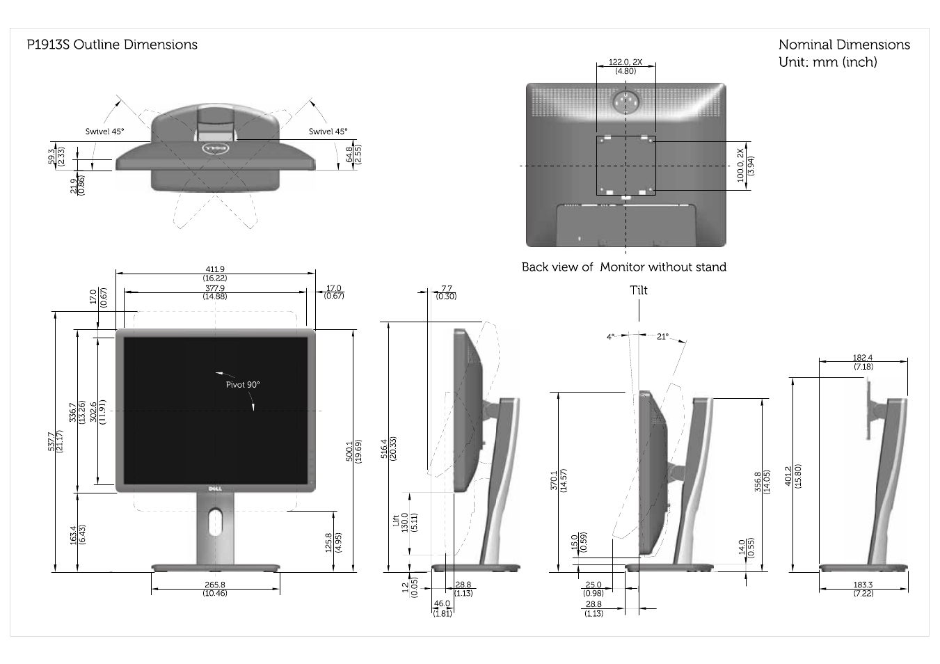 P1913s outline dimensions, Nominal dimensions unit: mm (inch), Back view of monitor without stand tilt | Dell P1913 Monitor User Manual | Page 2 / 3