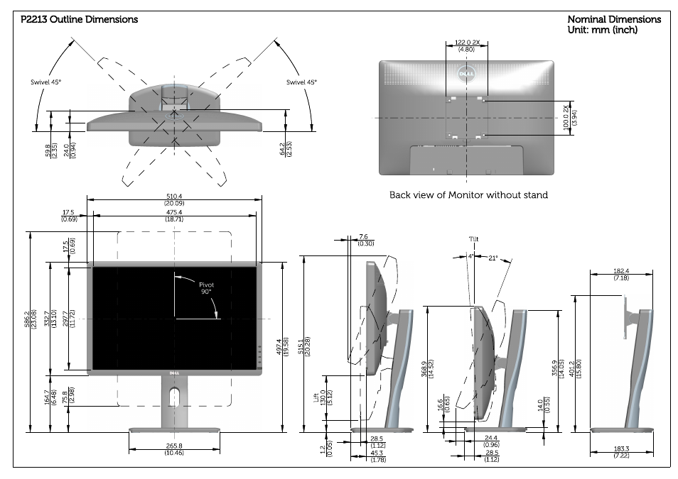 P2213 outline dimensions, Nominal dimensions unit: mm (inch), Back view of monitor without stand | Dell P1913 Monitor User Manual | Page 3 / 3