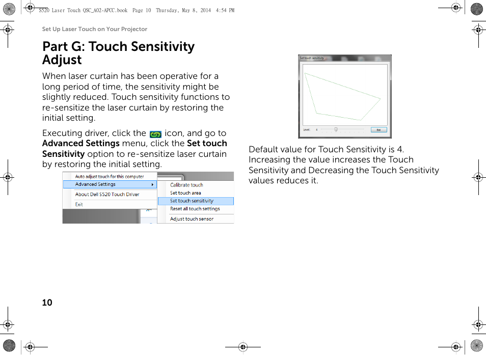 Part g: touch sensitivity adjust | Dell S520 Projector User Manual | Page 12 / 102