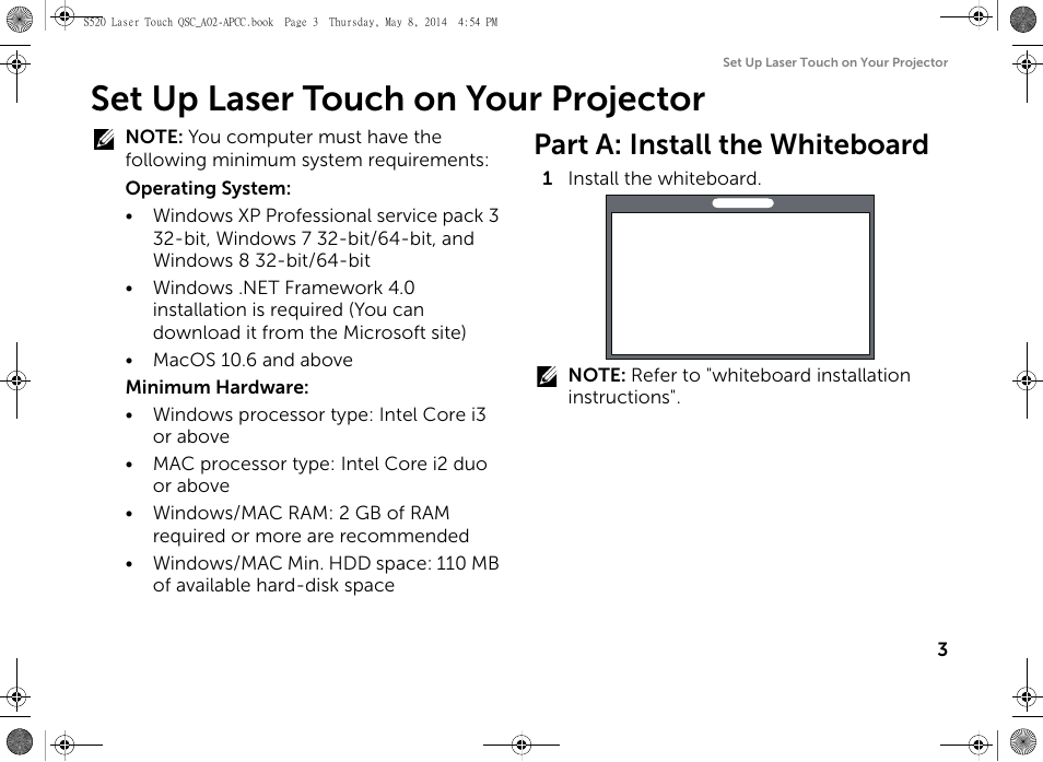 Set up laser touch on your projector, Part a: install the whiteboard | Dell S520 Projector User Manual | Page 5 / 102