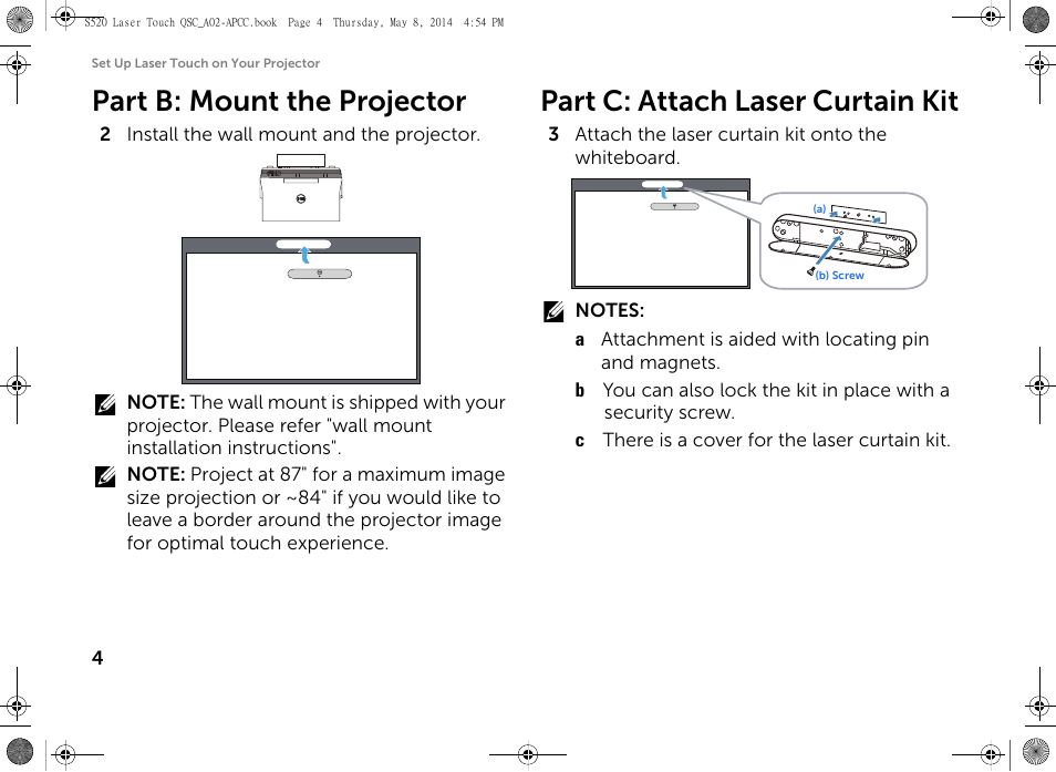 Part b: mount the projector, Part c: attach laser curtain kit | Dell S520 Projector User Manual | Page 6 / 102