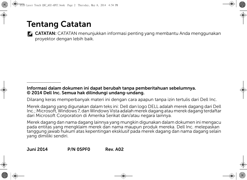 Tentang catatan | Dell S520 Projector User Manual | Page 74 / 102