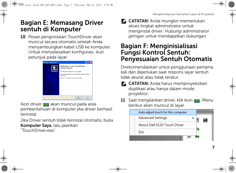 Bagian e: memasang driver sentuh di komputer | Dell S520 Projector User Manual | Page 79 / 102