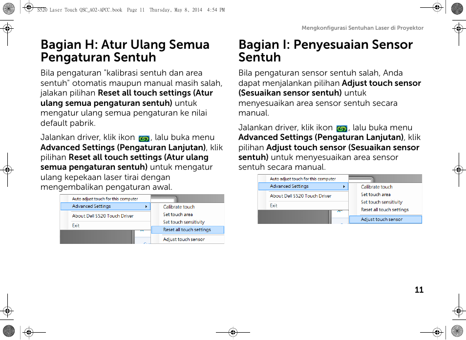 Bagian h: atur ulang semua pengaturan sentuh, Bagian i: penyesuaian sensor sentuh | Dell S520 Projector User Manual | Page 83 / 102