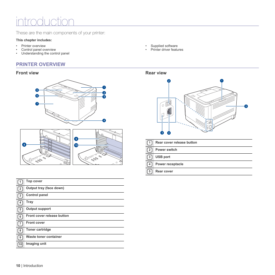 Introduction, Printer overview, Front view | Rear view, 10 printer overview | Dell 1230c Color Laser Printer User Manual | Page 10 / 74