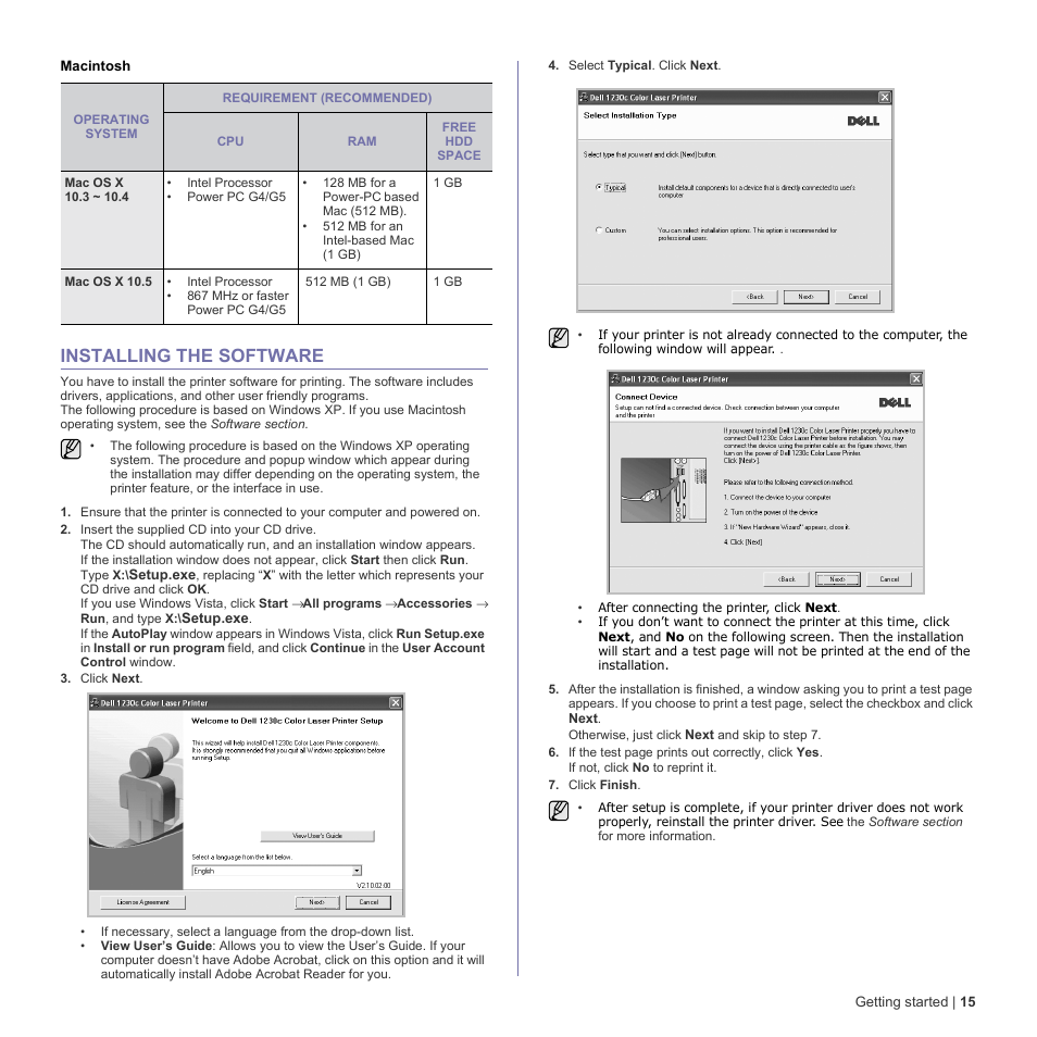 Macintosh, Installing the software, 15 installing the software | Dell 1230c Color Laser Printer User Manual | Page 15 / 74