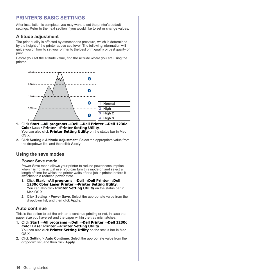 Printer's basic settings, Altitude adjustment, Using the save modes | Auto continue, 16 printer's basic settings, E 