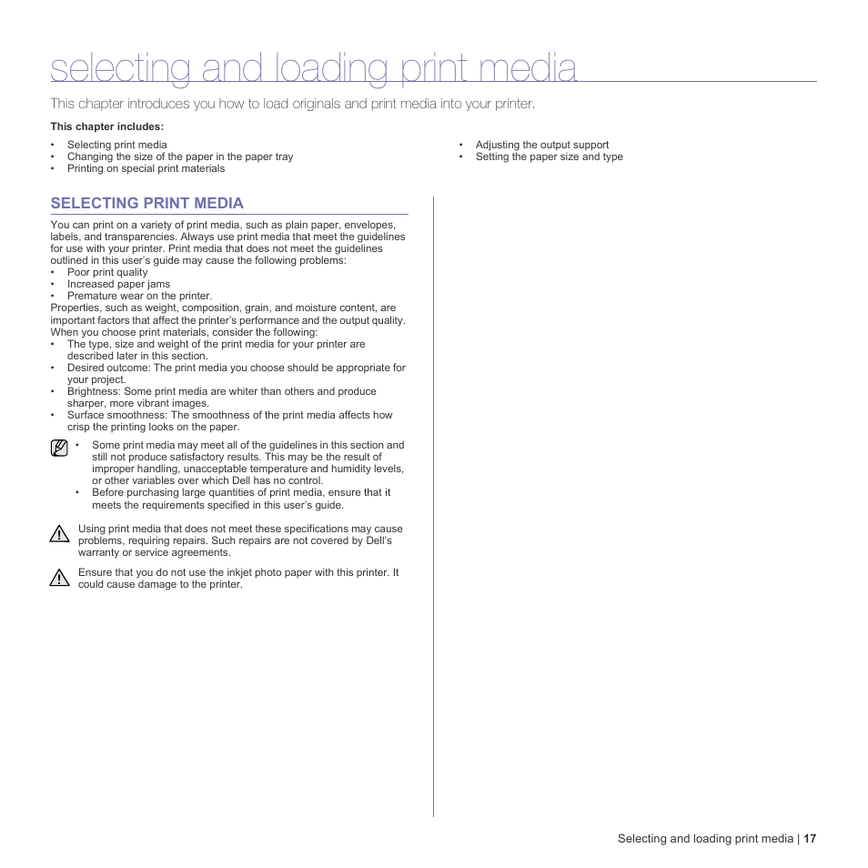 Selecting and loading print media, Selecting print media, 17 selecting print media | Dell 1230c Color Laser Printer User Manual | Page 17 / 74