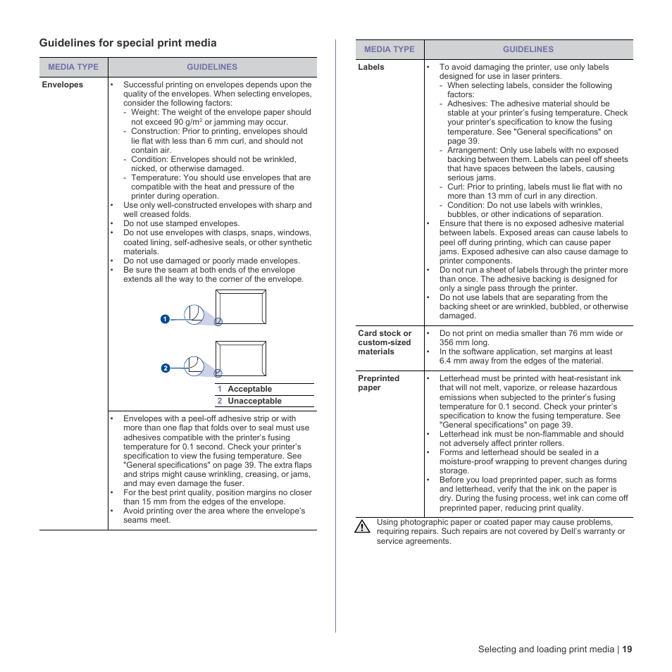 Guidelines for special print media | Dell 1230c Color Laser Printer User Manual | Page 19 / 74