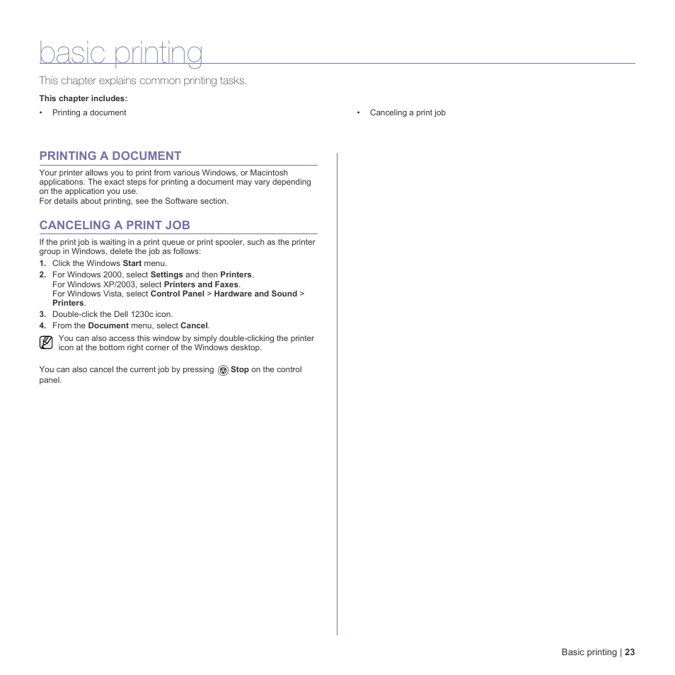 Basic printing, Printing a document, Canceling a print job | 23 printing a document 23 canceling a print job | Dell 1230c Color Laser Printer User Manual | Page 23 / 74