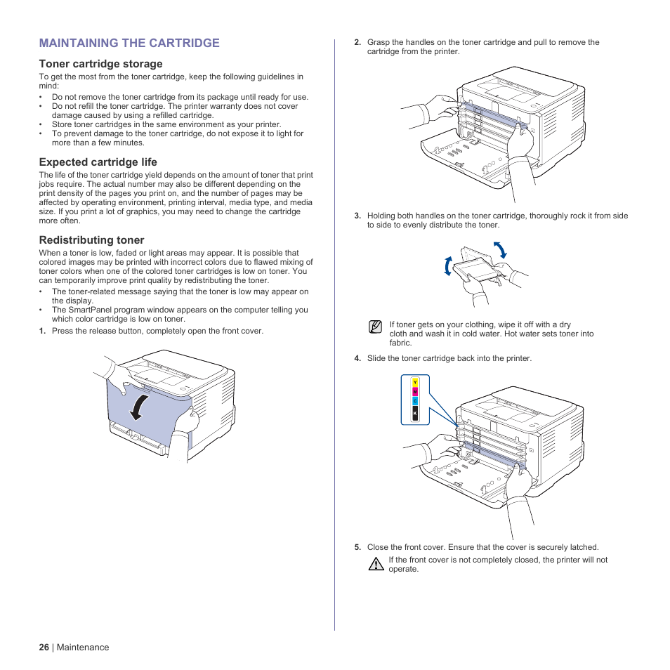 Maintaining the cartridge, Toner cartridge storage, Expected cartridge life | Redistributing toner, 26 maintaining the cartridge | Dell 1230c Color Laser Printer User Manual | Page 26 / 74