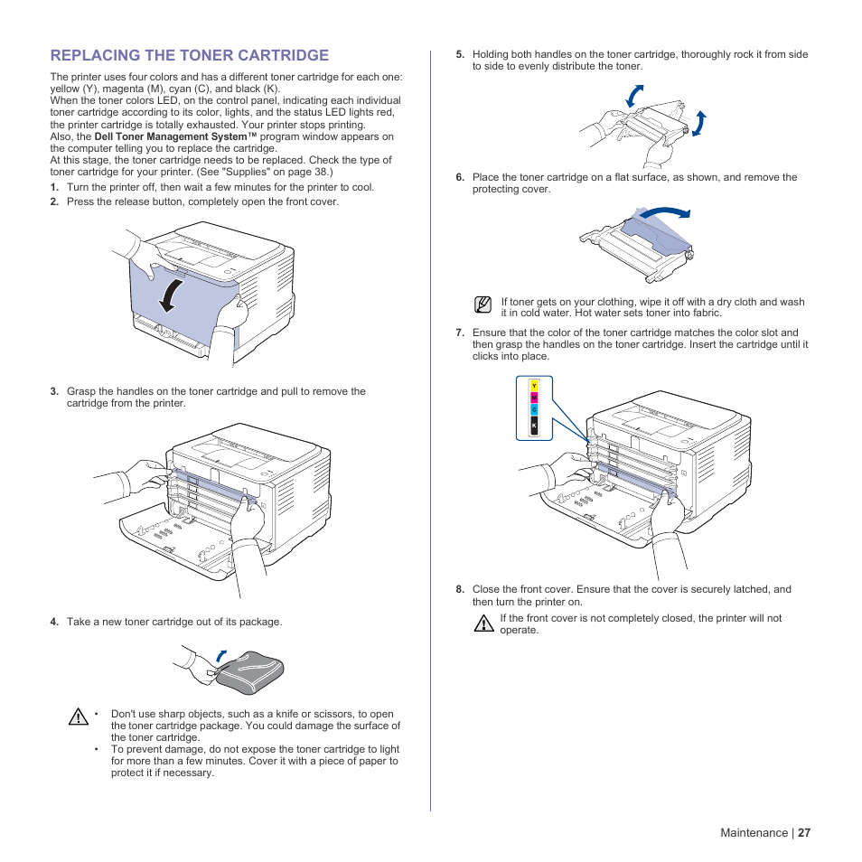 Replacing the toner cartridge, 27 replacing the toner cartridge | Dell 1230c Color Laser Printer User Manual | Page 27 / 74