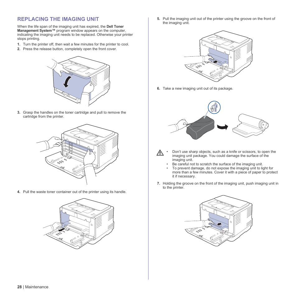 Replacing the imaging unit, 28 replacing the imaging unit | Dell 1230c Color Laser Printer User Manual | Page 28 / 74