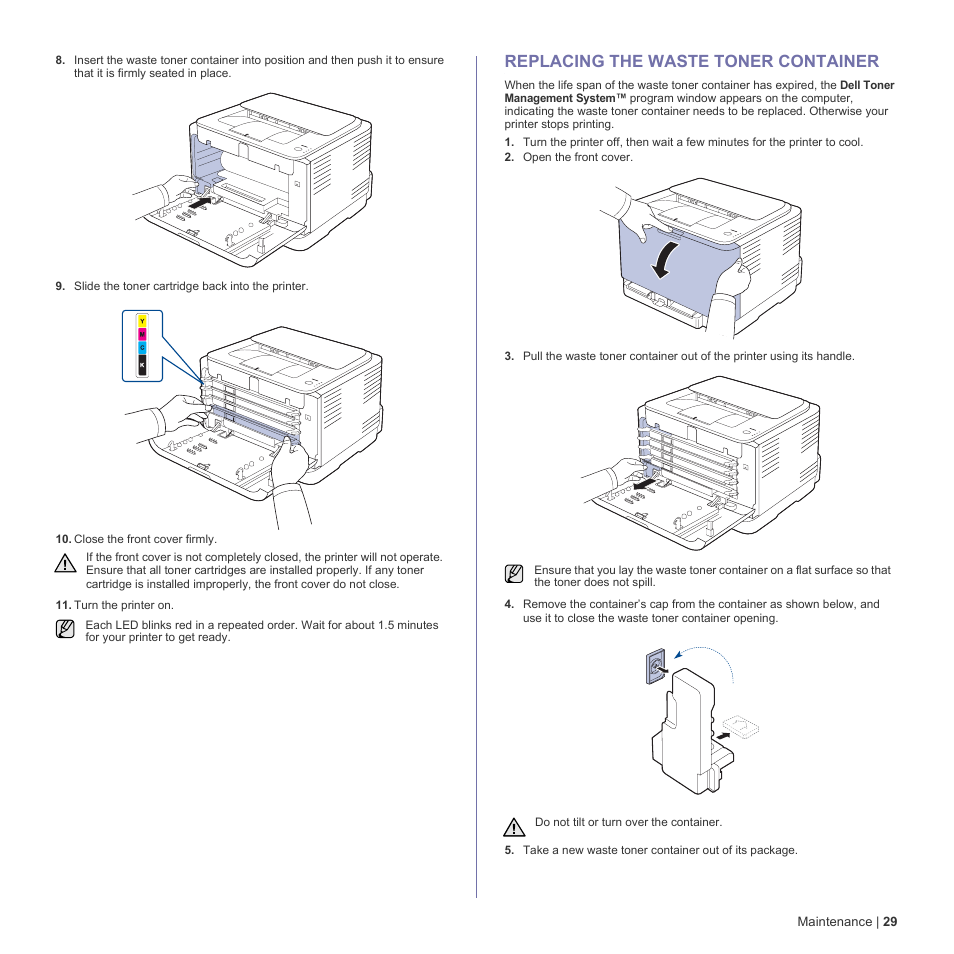 Replacing the waste toner container, 29 replacing the waste toner container | Dell 1230c Color Laser Printer User Manual | Page 29 / 74