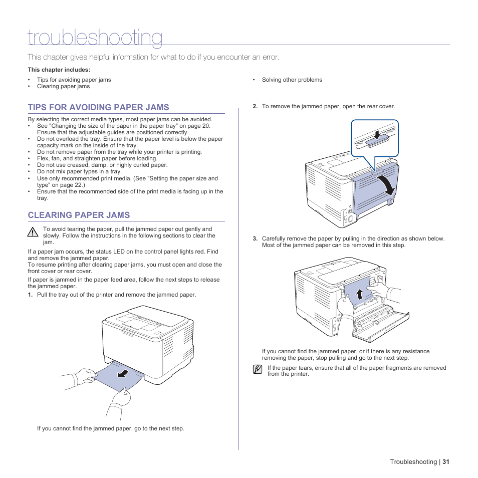 Troubleshooting, Tips for avoiding paper jams, Clearing paper jams | Dell 1230c Color Laser Printer User Manual | Page 31 / 74