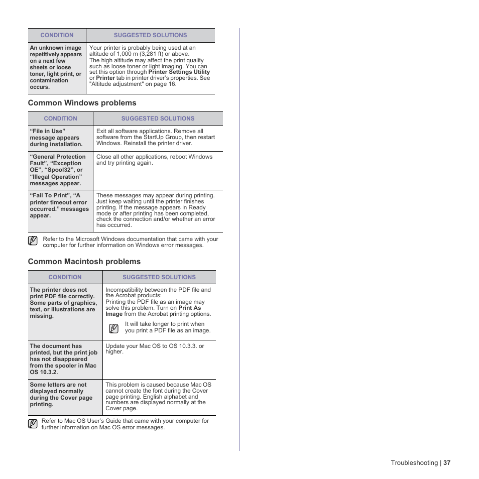 Common windows problems, Common macintosh problems, Common windows problems common macintosh problems | Dell 1230c Color Laser Printer User Manual | Page 37 / 74