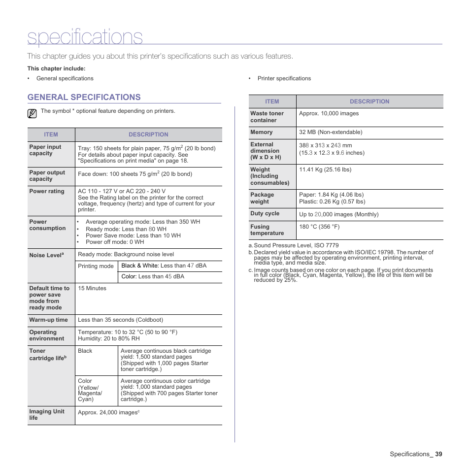 Specifications, General specifications, 39 general specifications | See "general specifications" on | Dell 1230c Color Laser Printer User Manual | Page 39 / 74