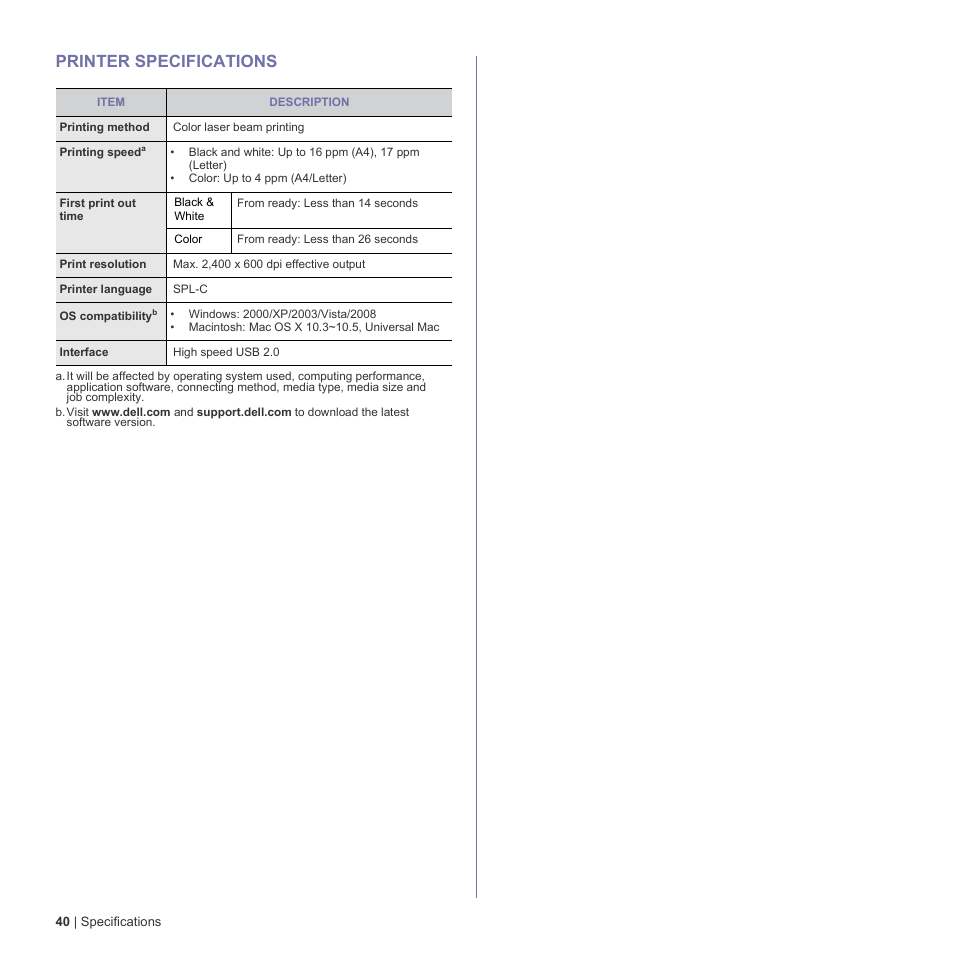 Printer specifications, 40 printer specifications | Dell 1230c Color Laser Printer User Manual | Page 40 / 74