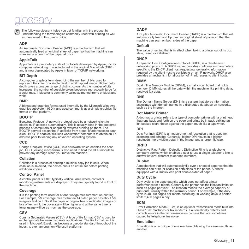 Glossary | Dell 1230c Color Laser Printer User Manual | Page 41 / 74