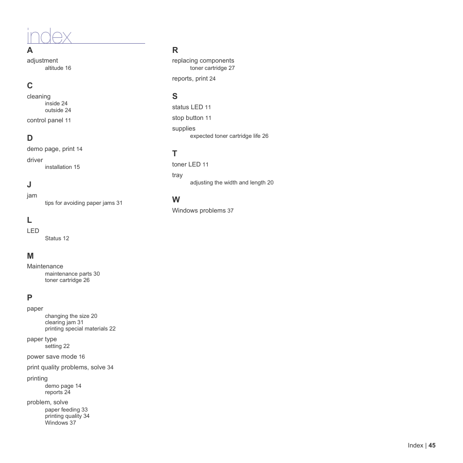 Index | Dell 1230c Color Laser Printer User Manual | Page 45 / 74