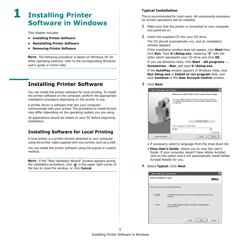 Installing printer software in windows, Installing printer software, Installing software for local printing | Chapter 1 | Dell 1230c Color Laser Printer User Manual | Page 50 / 74