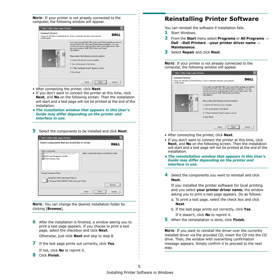 Reinstalling printer software | Dell 1230c Color Laser Printer User Manual | Page 52 / 74