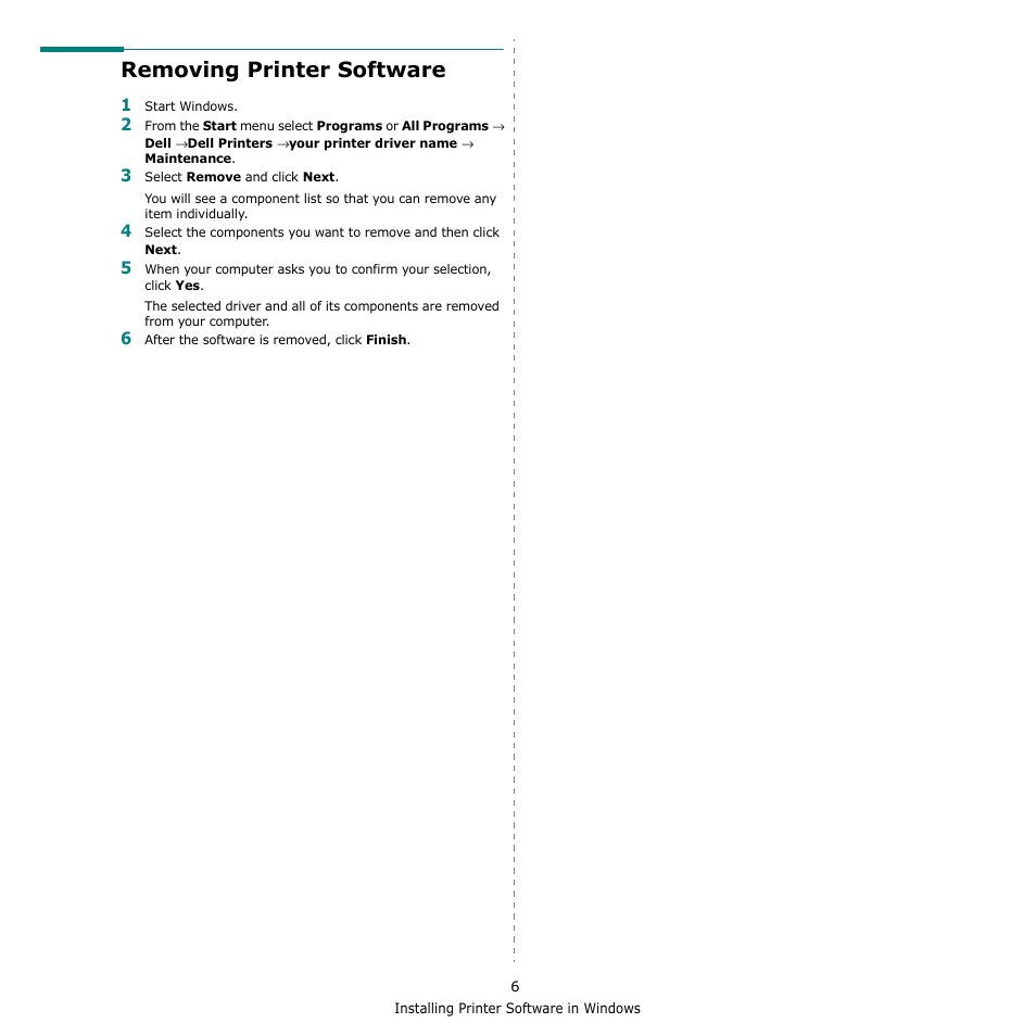 Removing printer software | Dell 1230c Color Laser Printer User Manual | Page 53 / 74