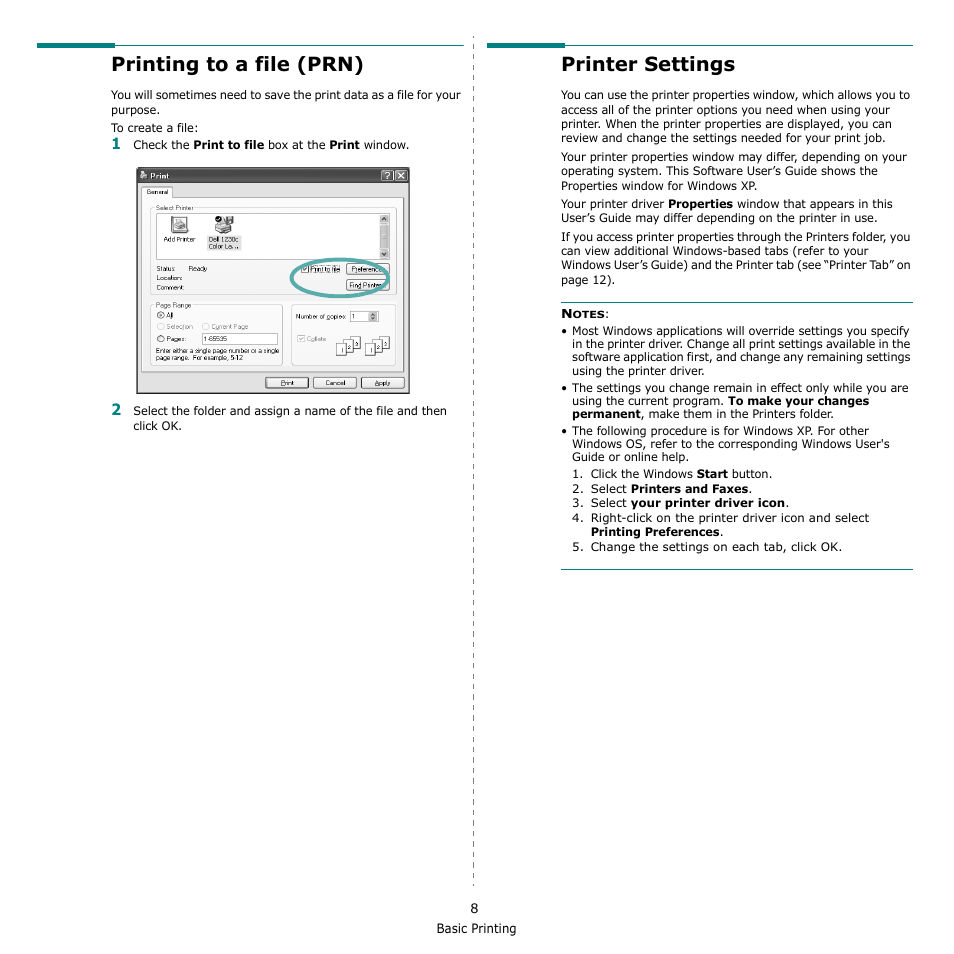 Printing to a file (prn), Printer settings, Printing to a file (prn) printer settings | Ee “printer | Dell 1230c Color Laser Printer User Manual | Page 55 / 74