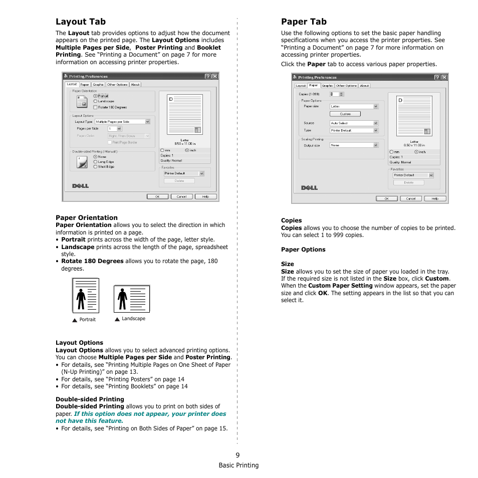 Layout tab, Paper tab, Layout tab paper tab | Layout tab - paper tab | Dell 1230c Color Laser Printer User Manual | Page 56 / 74