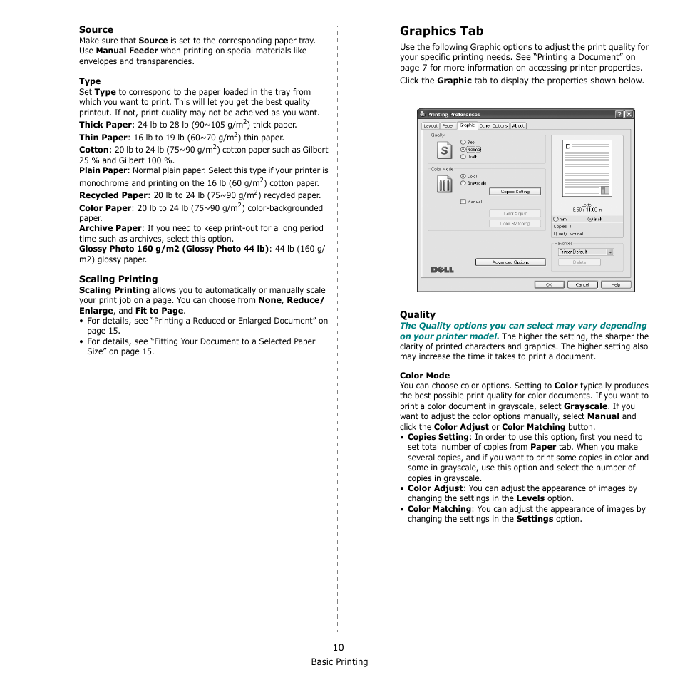 Graphics tab | Dell 1230c Color Laser Printer User Manual | Page 57 / 74