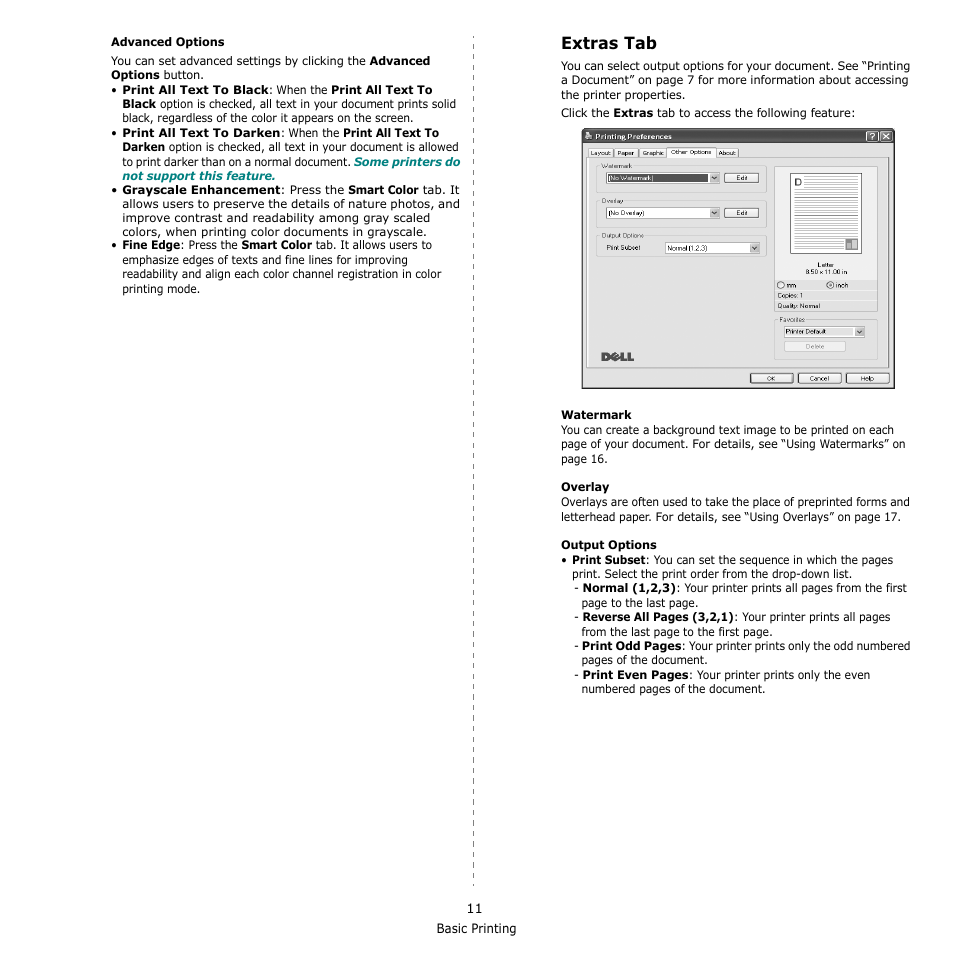 Extras tab | Dell 1230c Color Laser Printer User Manual | Page 58 / 74